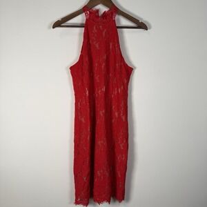 Women's Red Lace Dress Sleeveless Halter Sans Souci Size Medium